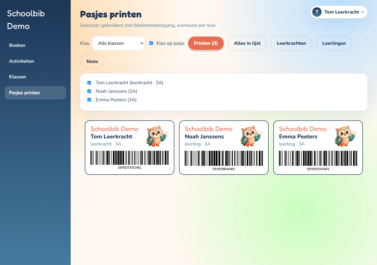 Leerlingenpasjes met barcode, klaar om te printen