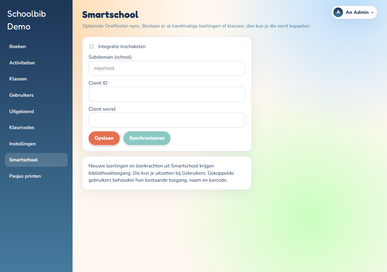 Smartschool-pagina om de OneRoster-koppeling in te stellen en te synchroniseren